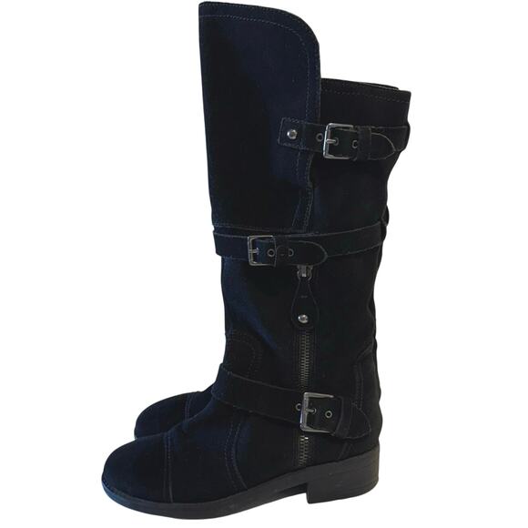 Mojo Moxy Shoes - MOJO MOXY black suede buckle zip moto boots Y2K high low knee stud women's 9